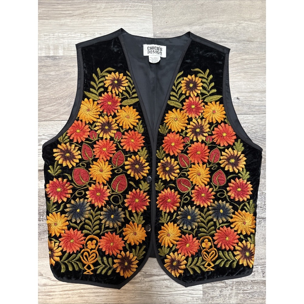 Vtg Chico's Design Vest  Floral Embroidered Velour Fall Colors Boho Hippy Flower